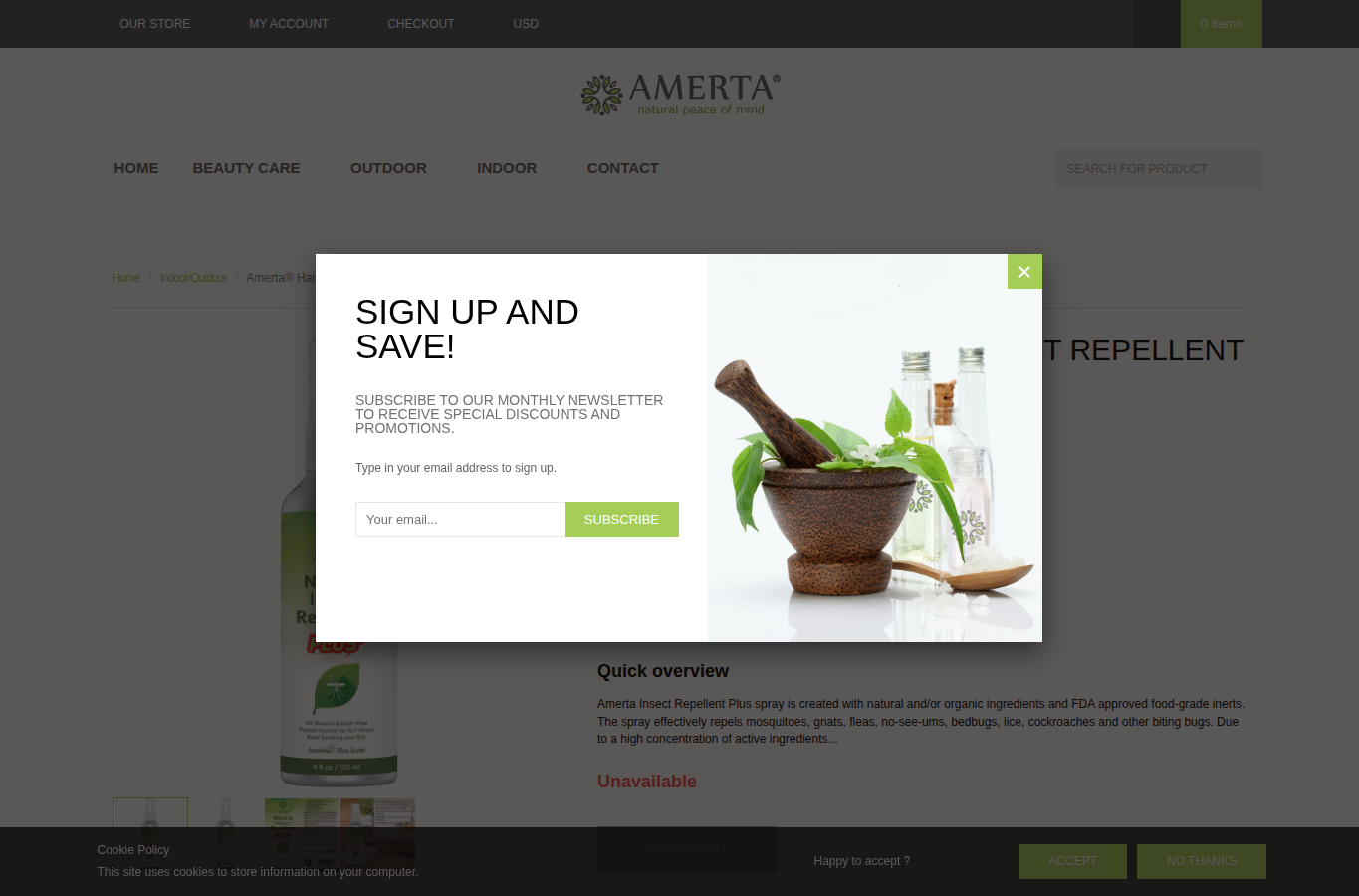 Amerta page screenshot for natural insect repellent