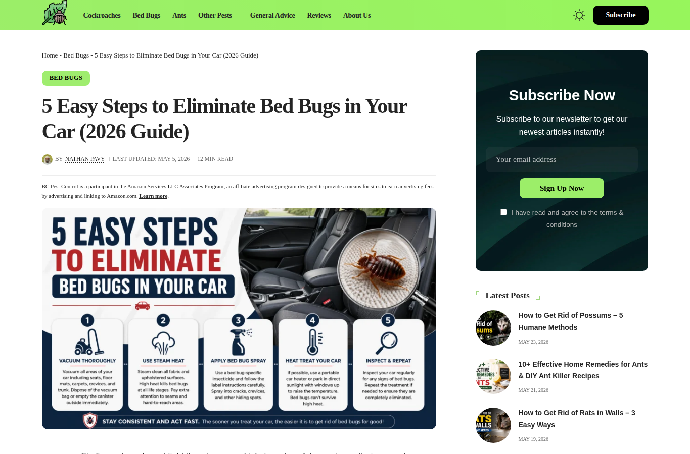 BC Pest Control page screenshot for bed bugs in car