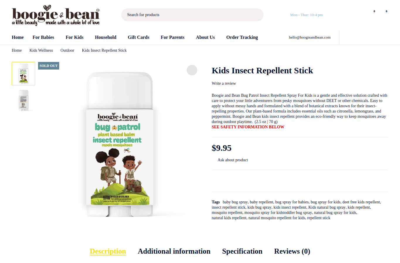 Boogie and Bean page screenshot for natural insect repellent