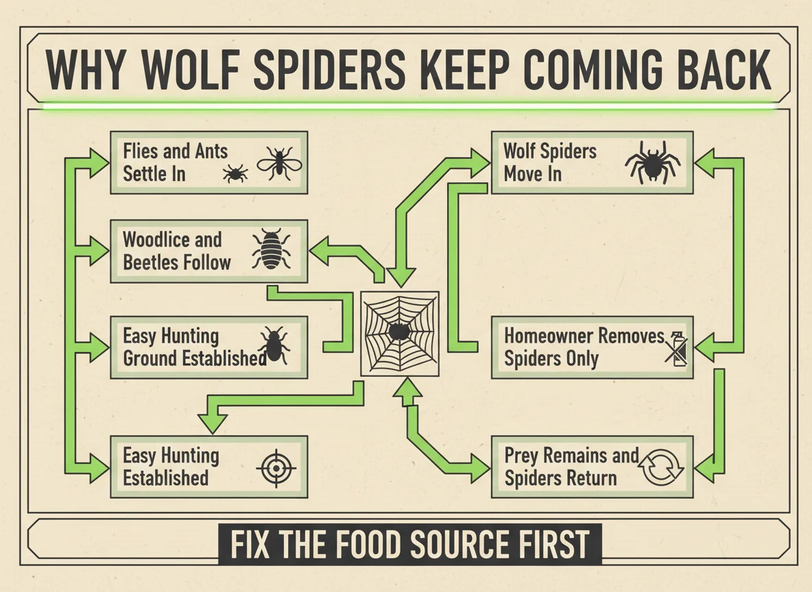 Infographic showing the prey pest cycle that causes wolf spider removal to fail when the underlying food source is not addressed first