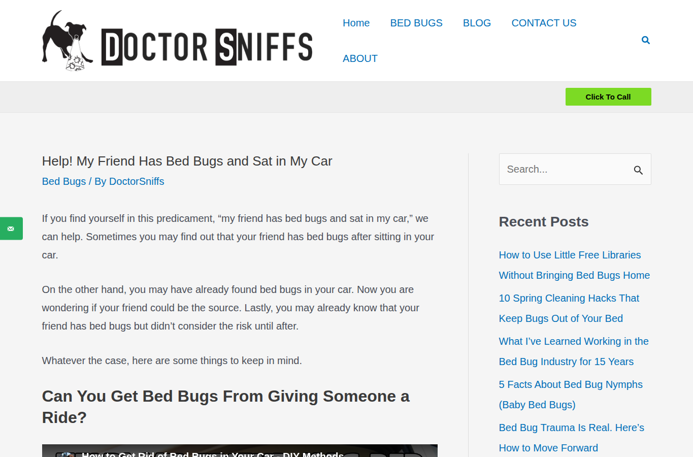 Doctor Sniffs page screenshot for bed bugs in car