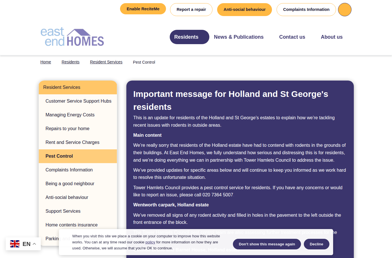 East End Homes website screenshot for tower hamlets bed bugs