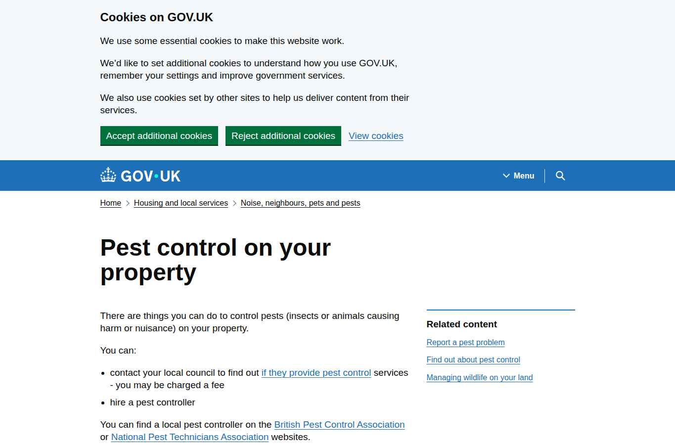 Gov.uk website screenshot for rodents