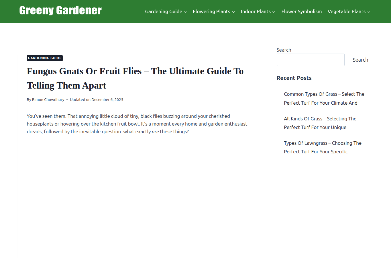 GreenyGardener website screenshot for fungus gnats vs fruit flies