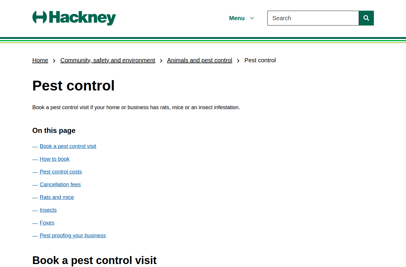 Hackney Council website screenshot for hackney rat control
