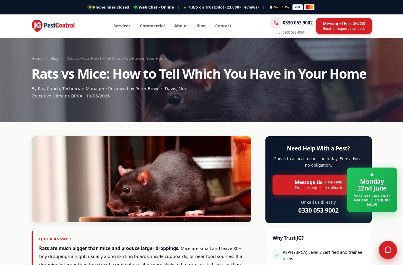 JG Pest Control website screenshot for rodents