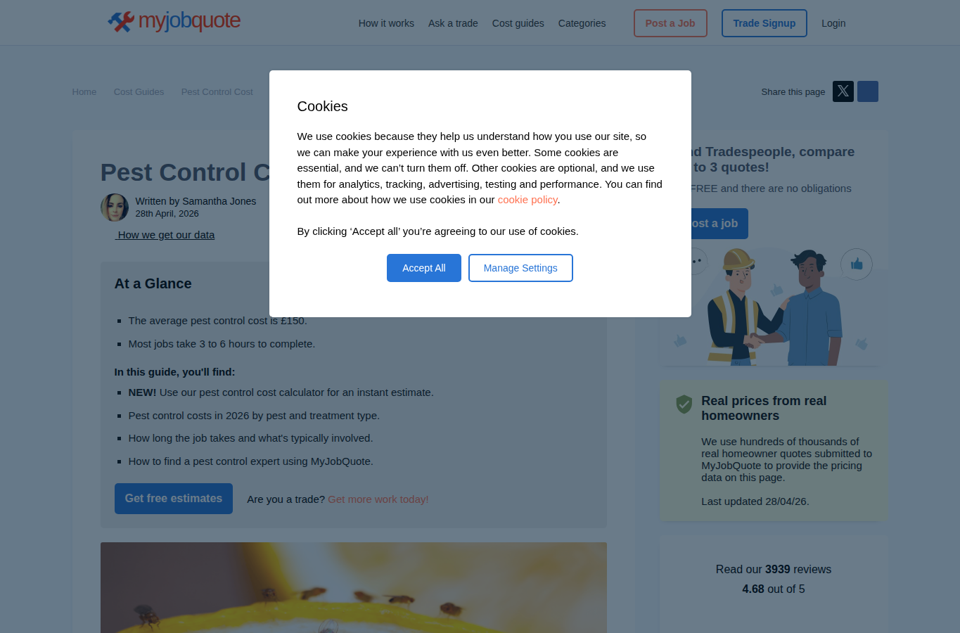 MyJobQuote website screenshot for pest control east london prices