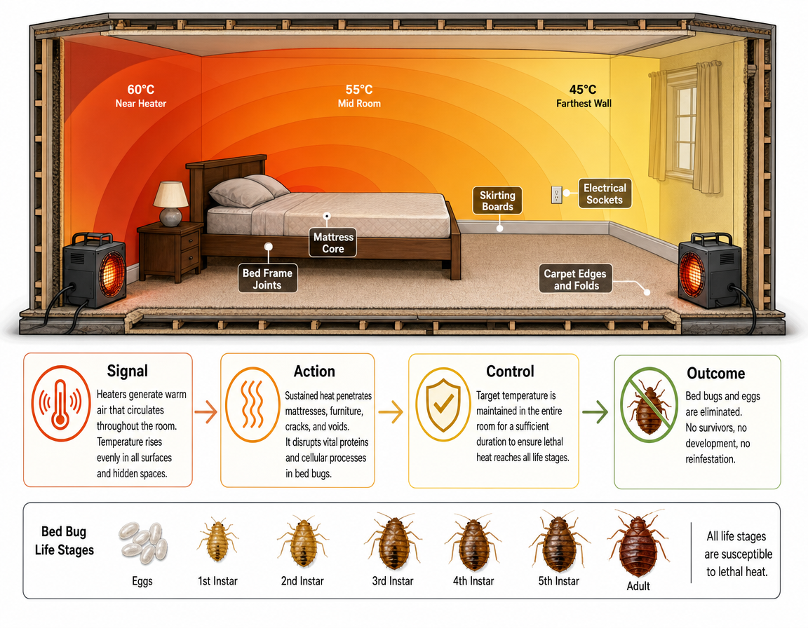 Diagram explaining professional heat treatment as a bed bug treatment option, showing thermal gradients and equipment