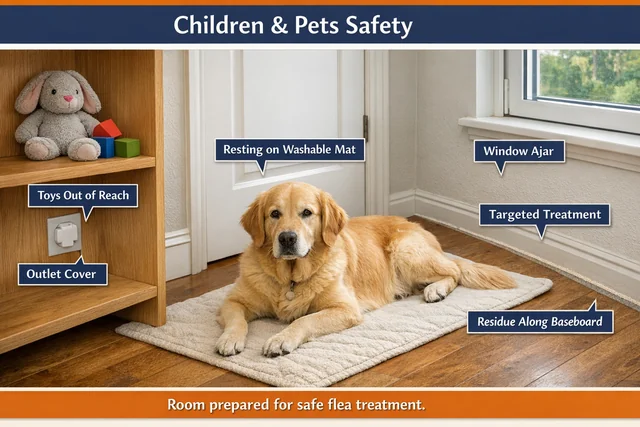 Safe flea treatment London home environment showing pet and child spaces protected after professional application