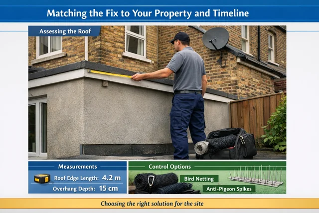 Pest control technician measuring a London flat roof extension to determine the right pigeon control method for the property