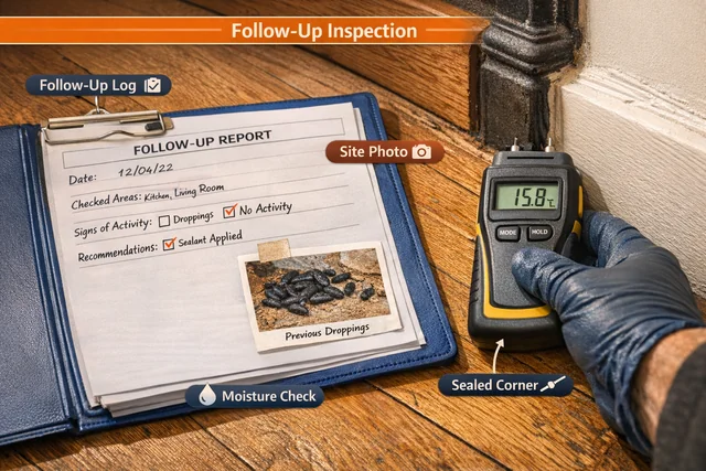 Detailed follow-up inspection during pest control service in Waltham Forest showing guarantee work in practice
