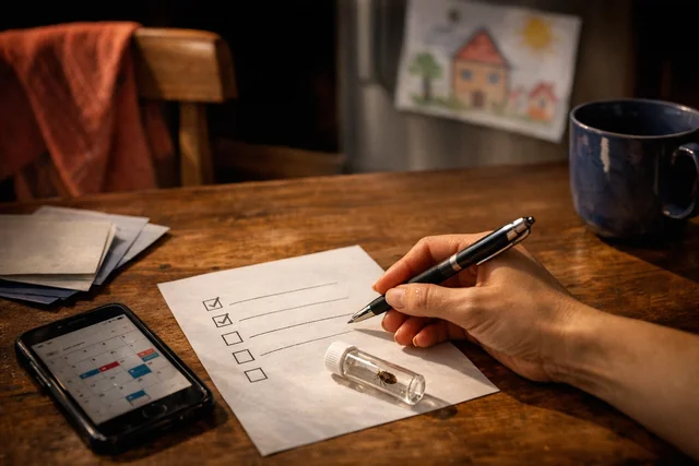Homeowner reviewing bed bug treatment options with east london pest control decision checklist