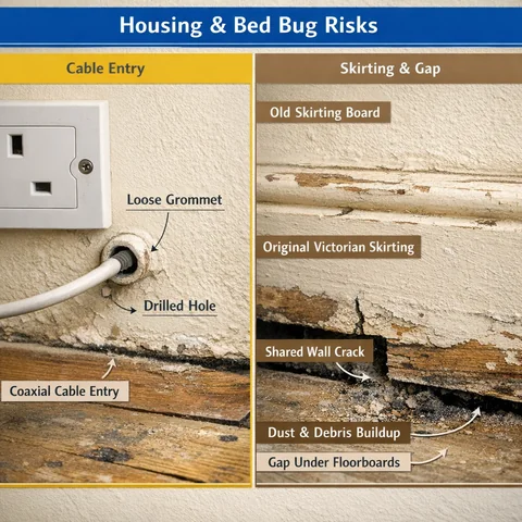 Interior of a Tower Hamlets terraced flat showing potential bed bug entry points through party wall gaps and cable routes