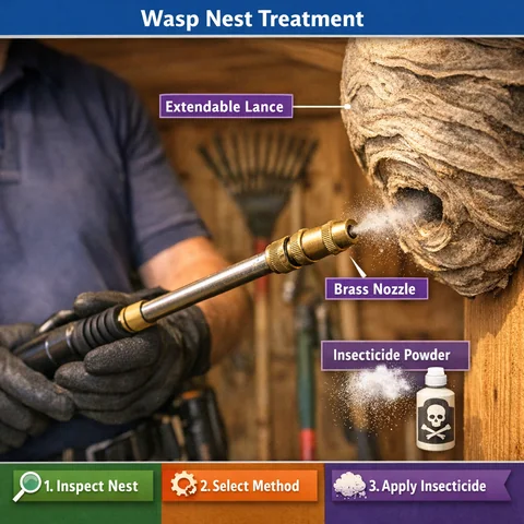 Professional wasp nest removal London technician using specialised lance equipment to safely treat a garden shed nest