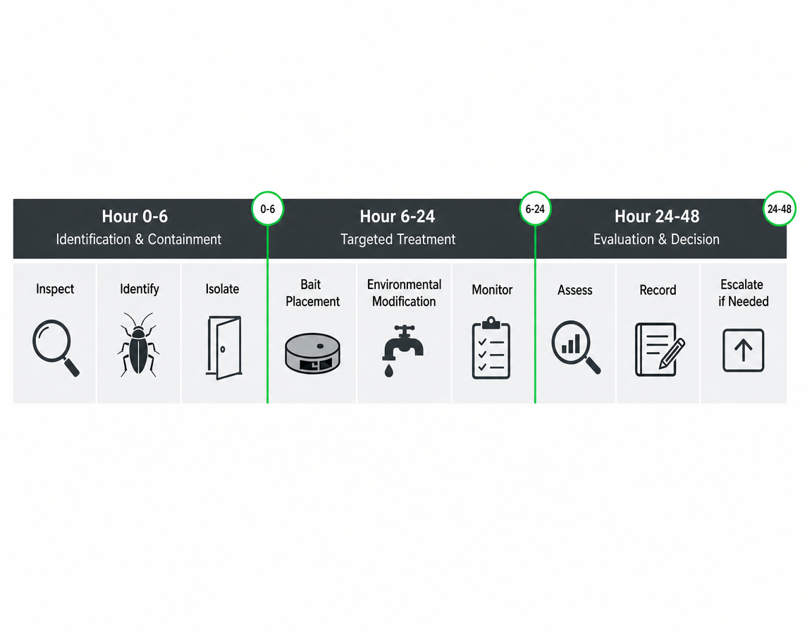 Cockroach control how to 48-hour timeline showing identification, treatment and evaluation phases