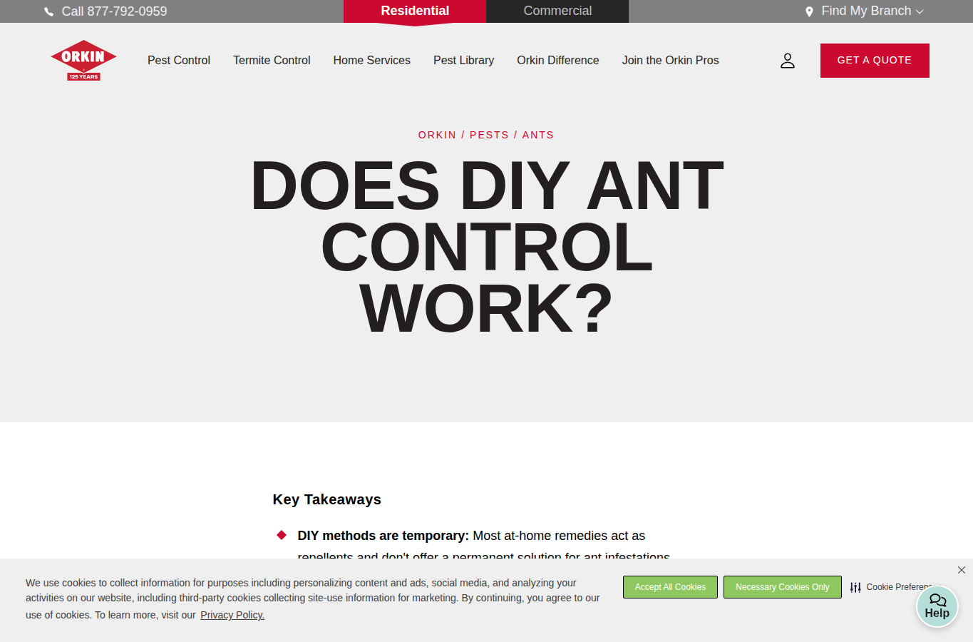 Orkin website screenshot for ant control services