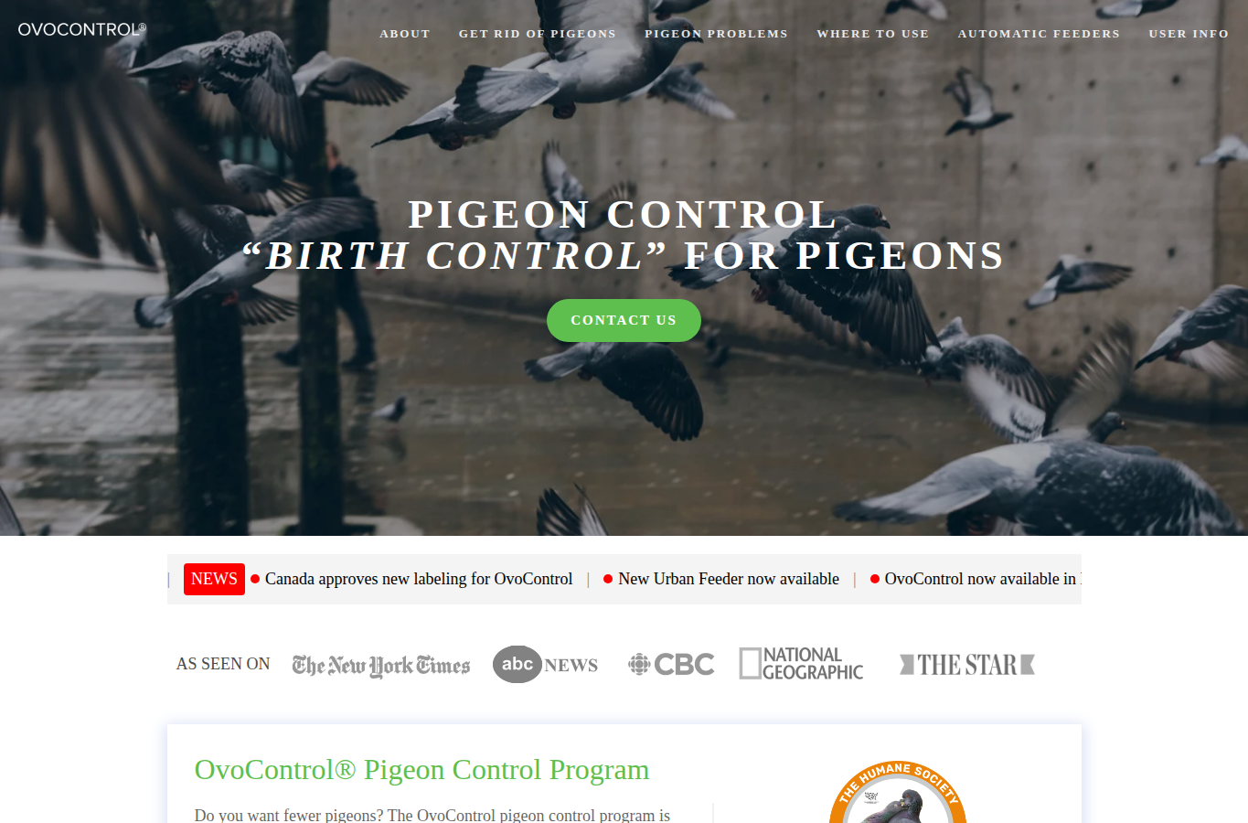 OvoControl page screenshot for pigeon control