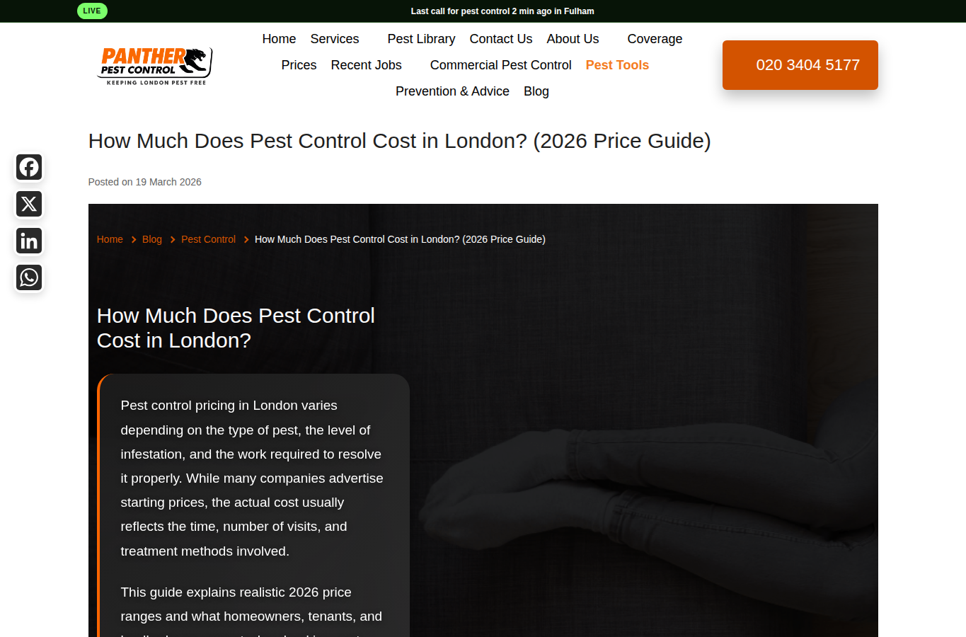 Panther Pest Control website screenshot for pest control east london prices