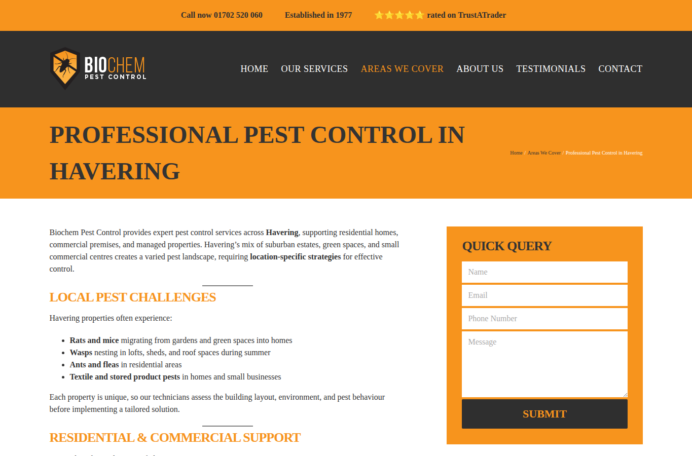 Pest Control Havering (Biochem Pest Control) page screenshot for pest control havering