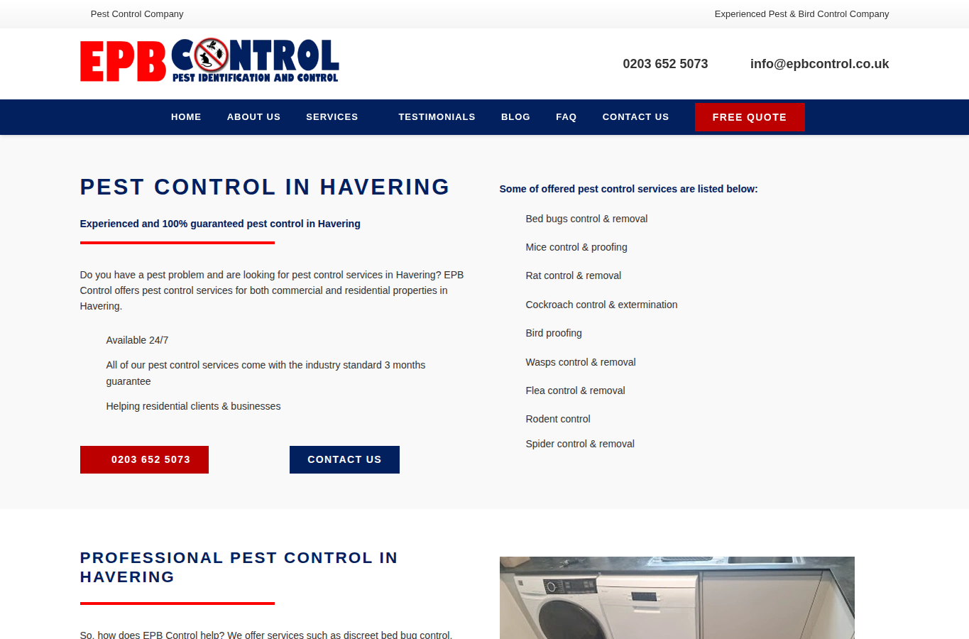 Pest Control in Havering (EPB Control) page screenshot for pest control havering