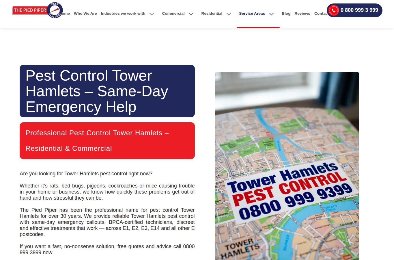 Pest Control Tower Hamlets — The Pied Piper website screenshot for rat exterminator cost London