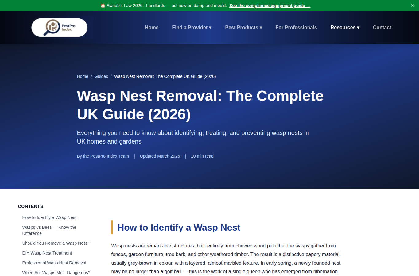 PestPro Index website screenshot for wasp nest removal london
