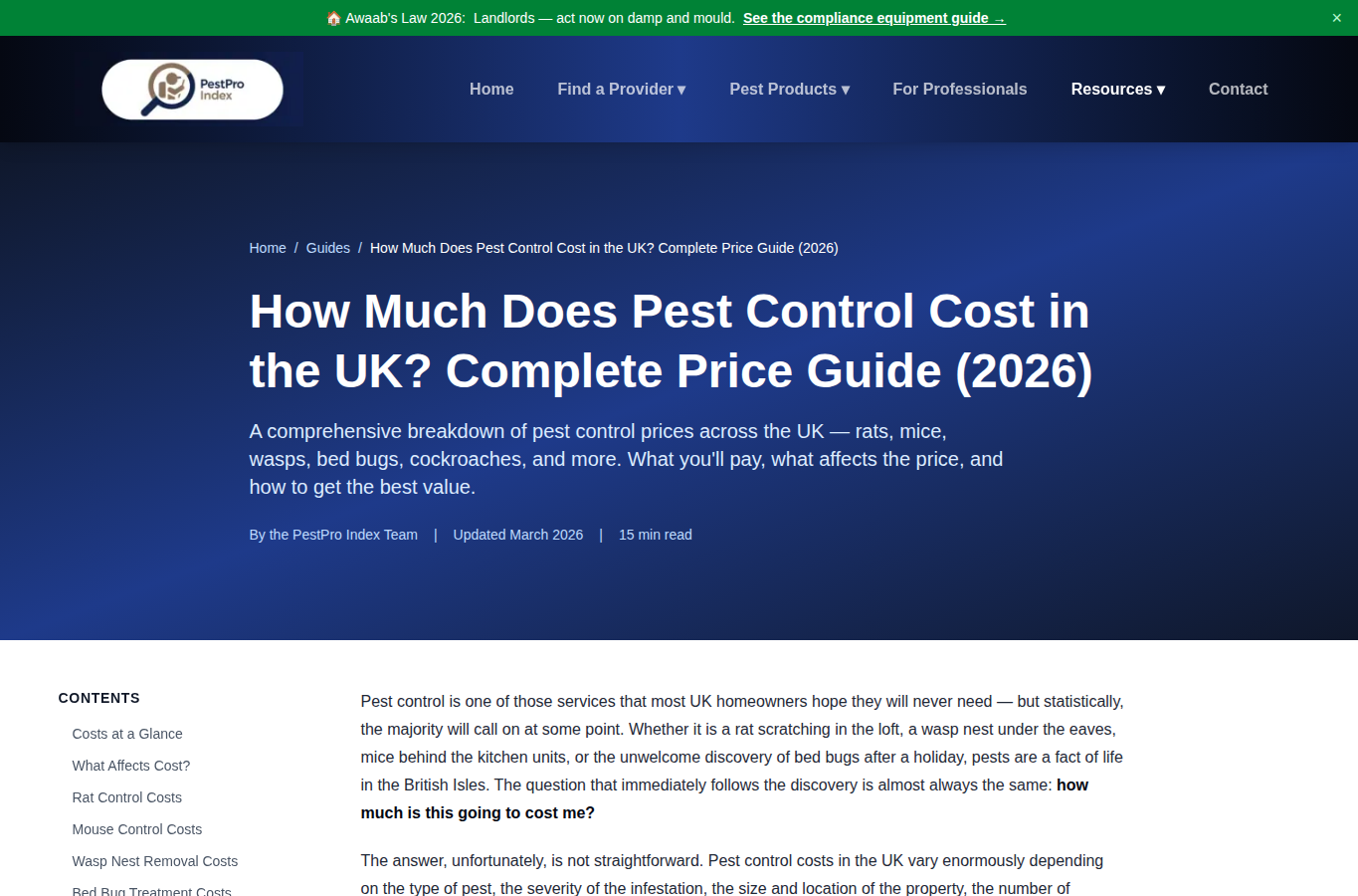 PestPro Index website screenshot for pest control east london prices