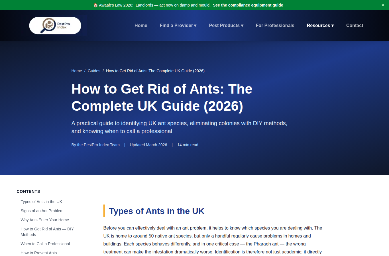PestPro Index website screenshot for ant control services