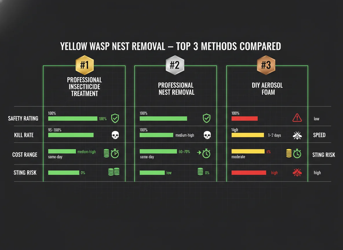 Comparison board ranking the top three yellow wasp nest removal methods by safety, kill rate, cost, speed, and sting risk
