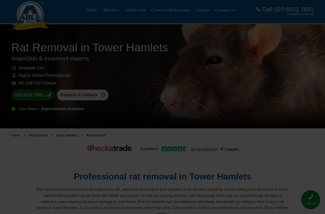 Rat Removal in Tower Hamlets — Able Group website screenshot for rat exterminator cost London