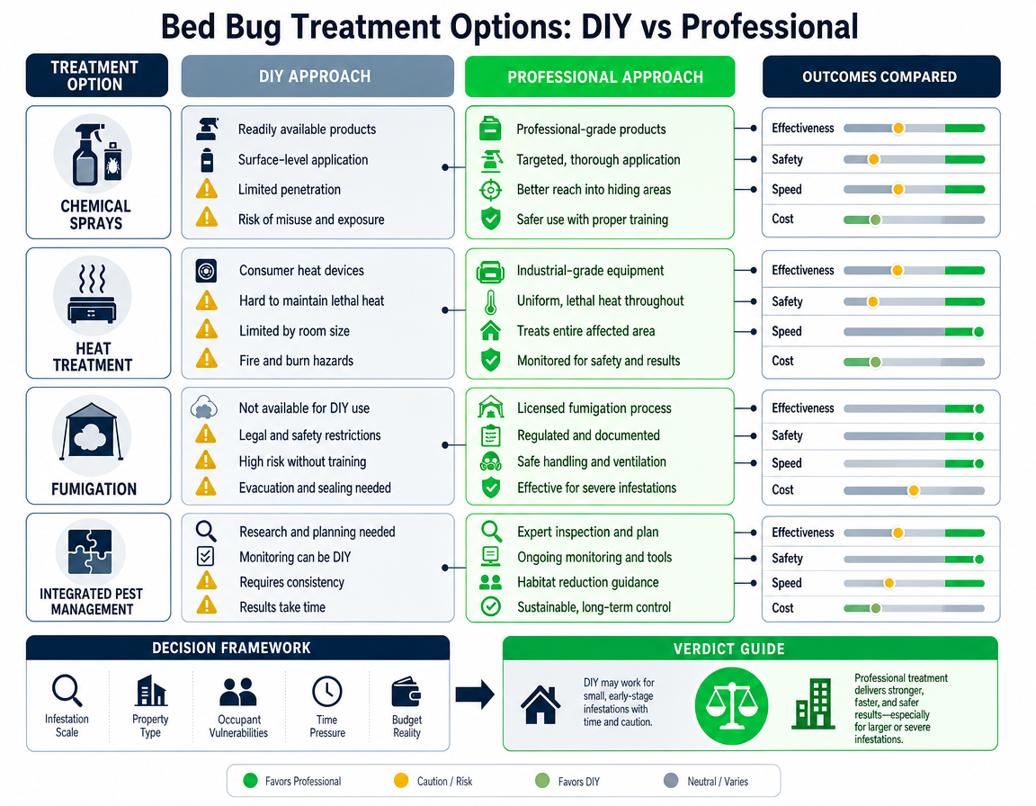 Bed bug treatment options comparison board showing DIY versus professional methods across effectiveness, safety, speed and cost