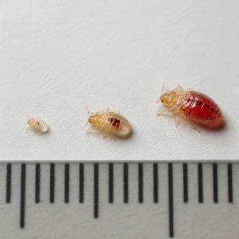 Close-up showing what bed bugs look like at different nymph life stages, from translucent first-instar to bright red after feeding