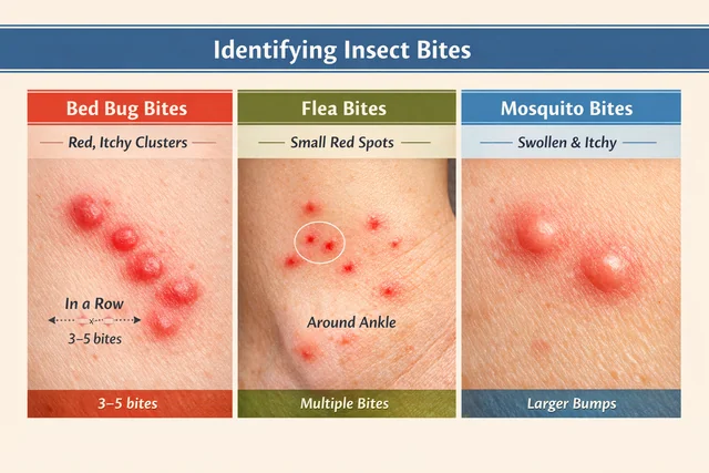 Close-up comparison of bed bug bites, flea bites, and mosquito bites to help Dagenham homeowners identify the correct pest before calling pest control dagenham services