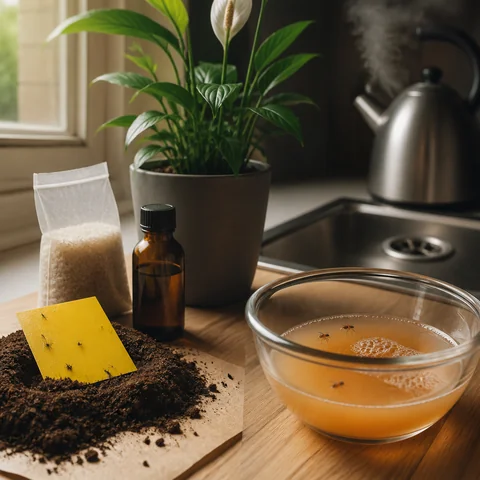 Still life comparison of DIY treatments for fungus gnats vs fruit flies: sticky trap, hydrogen peroxide, and nematodes on left; apple cider vinegar trap and clean drain background on right.