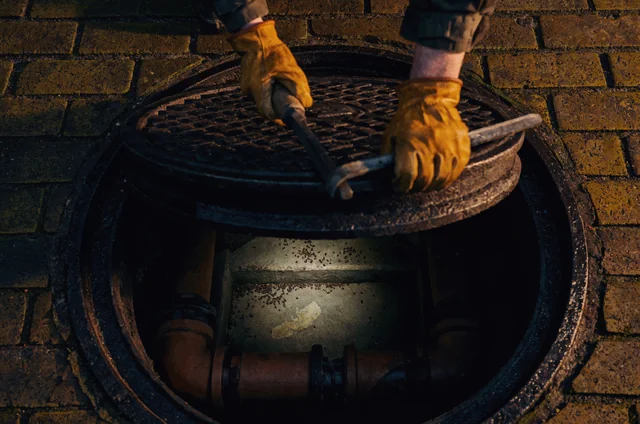 Gloved hands lifting a cast-iron manhole cover during a rat control drain defect entry survey, torch beam revealing droppings on the chamber benching
