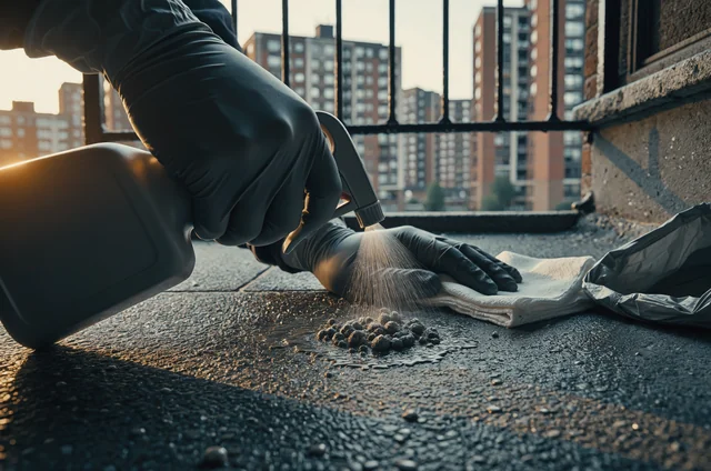 Gloved hands carefully misting and wiping balcony tiles during pigeon control balcony cleaning disease risk remediation.