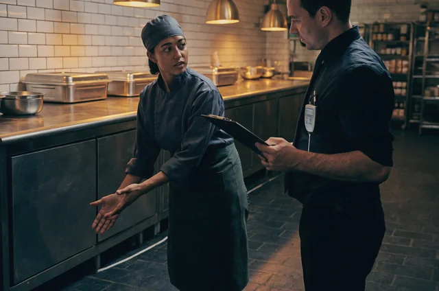 A commercial kitchen worker notifying the duty manager near a food preparation area following the staff pest sighting reporting procedure.