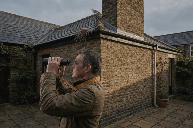 Homeowner safely using binoculars from a London garden to inspect roof gutters and chimney stacks for seagull nesting season roof risks.