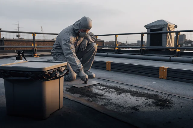 Operative in protective coverall and respirator lifting dampened pigeon droppings into a lidded container inside a guarded roof work area, following commercial roof pigeon guano safety regulations