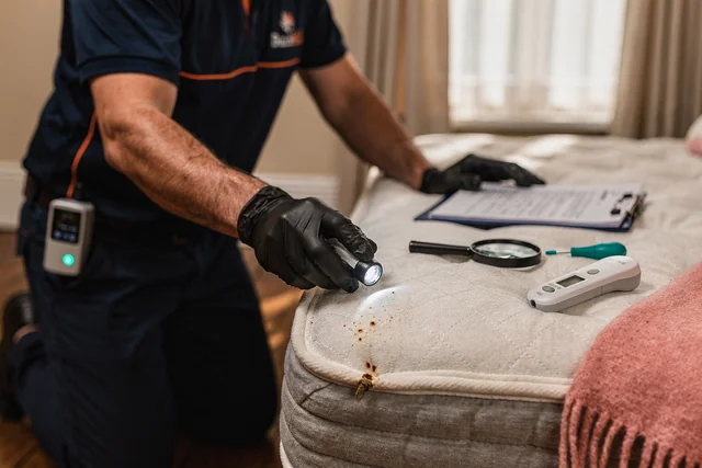 BuzzKill technician inspecting mattress seams for bed bugs during a professional bed bug removal inspection in Barking, East London.