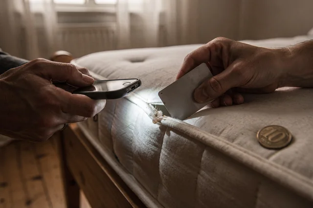 Homeowner performing a weekly mattress inspection with a phone torch and plastic card, part of a post-treatment checklist after bed bug removal Redbridge.