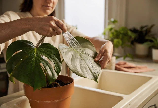 Hands rinsing a houseplant under a gentle lukewarm shower spray to dislodge white bugs on plants from leaf undersides.
