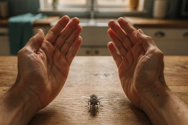 Close-up of hands in proper position to swat a house fly using the front-clap technique, illustrating the correct angle for how to swat a fly.