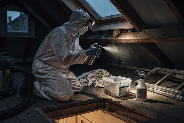 Pest technician in a sting-rated suit applying insecticidal dust to a loft wasp nest at dusk, showing what professional wasp removal involves as part of a wasp removal allergic reaction emergency protocol for London homes