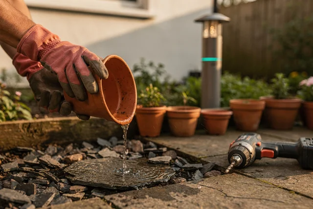 Homeowner in London garden empties standing water from a plant saucer to prevent mosquito breeding, a reliable alternative to bug zappers that actually work.