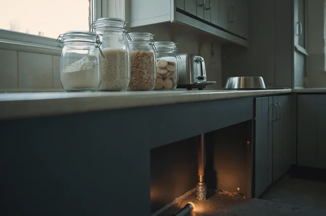 UK kitchen pest-proofing scene with dry goods in sealed glass jars, a lifted pet bowl and a pipe gap packed with wire wool under the kickboards — practical pest prevention tips homeowners UK readers can copy