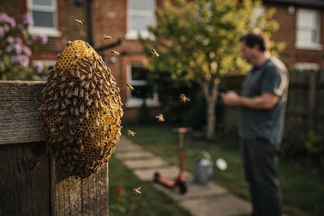 Homeowner photographing a honey bee swarm from a safe distance in an East London garden before checking bee relocation legal requirements UK