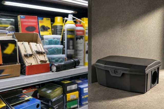 Contrast between cluttered supermarket DIY rat poison products and a professional tamper-resistant bait station, illustrating the true hidden cost of rat exterminator cost London.