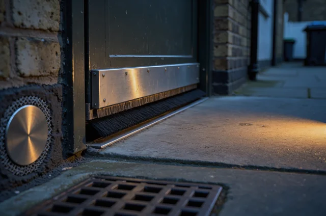 Exterior service door fitted with physical pest proofing seals and sealed pipework during a commercial pest compliance food premises UK survey