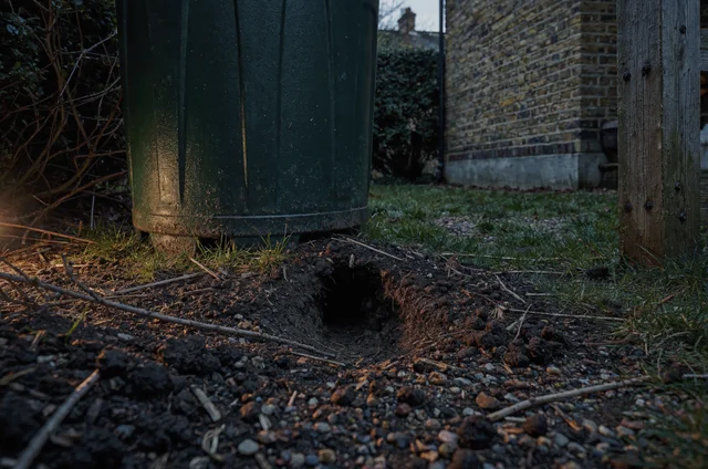 Freshly excavated soil showing rat burrows near compost bins risks beside a garden fence and residential patio.